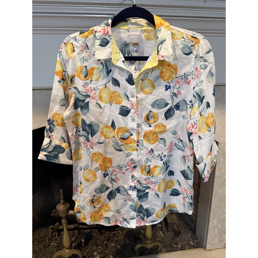 Chico’s 100% Linen Three-Quarter Sleeve Lemon Print Top Size Small NWT